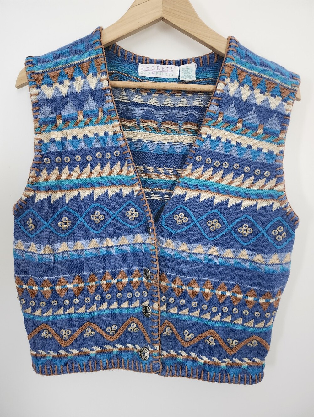 Womens Sz Medium Vintage Fair Isle Boho Western Grandpa Knit Sweater Vest Blue